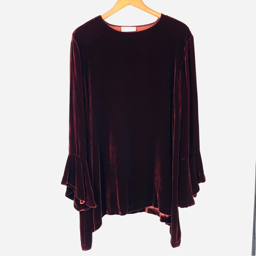 Catherine Bacon Silk Tunic Top Rich Oxblood Wine Velvet Bell Sleeve Drape Witchy